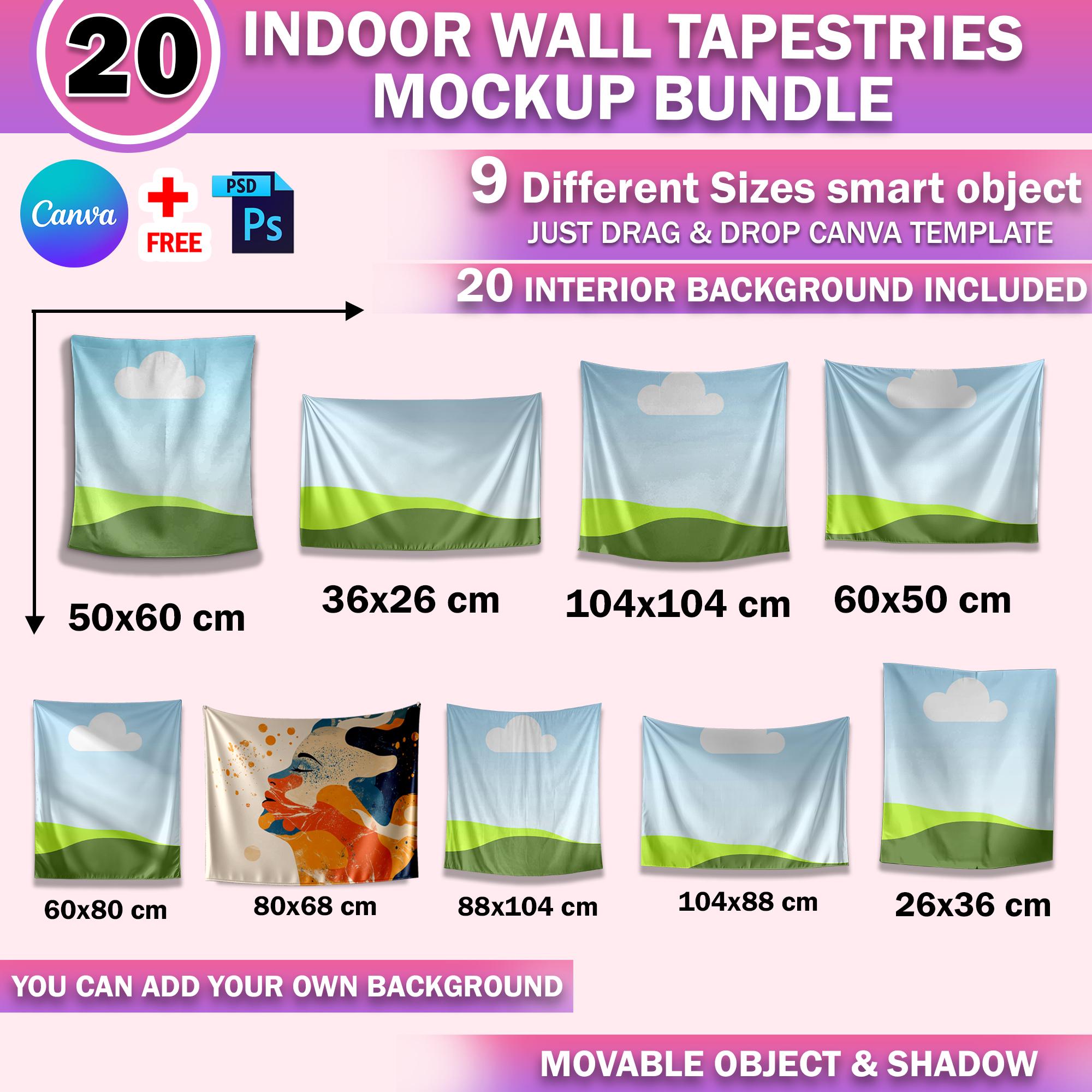 20x Canva Tapestries Mockup Bundle, All Popular Size Wall Flag Mockup in Vertical & Horizontal, 88x104, 50X60, 80X68, 60X50, Tapestries PSD