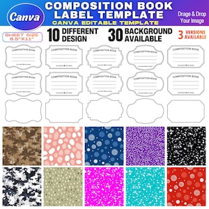 May include: A digital template for composition book labels, featuring 10 designs and 30 background options. The sheet size is 8.5" x 11". The Canva editable template includes various label shapes and patterned backgrounds.