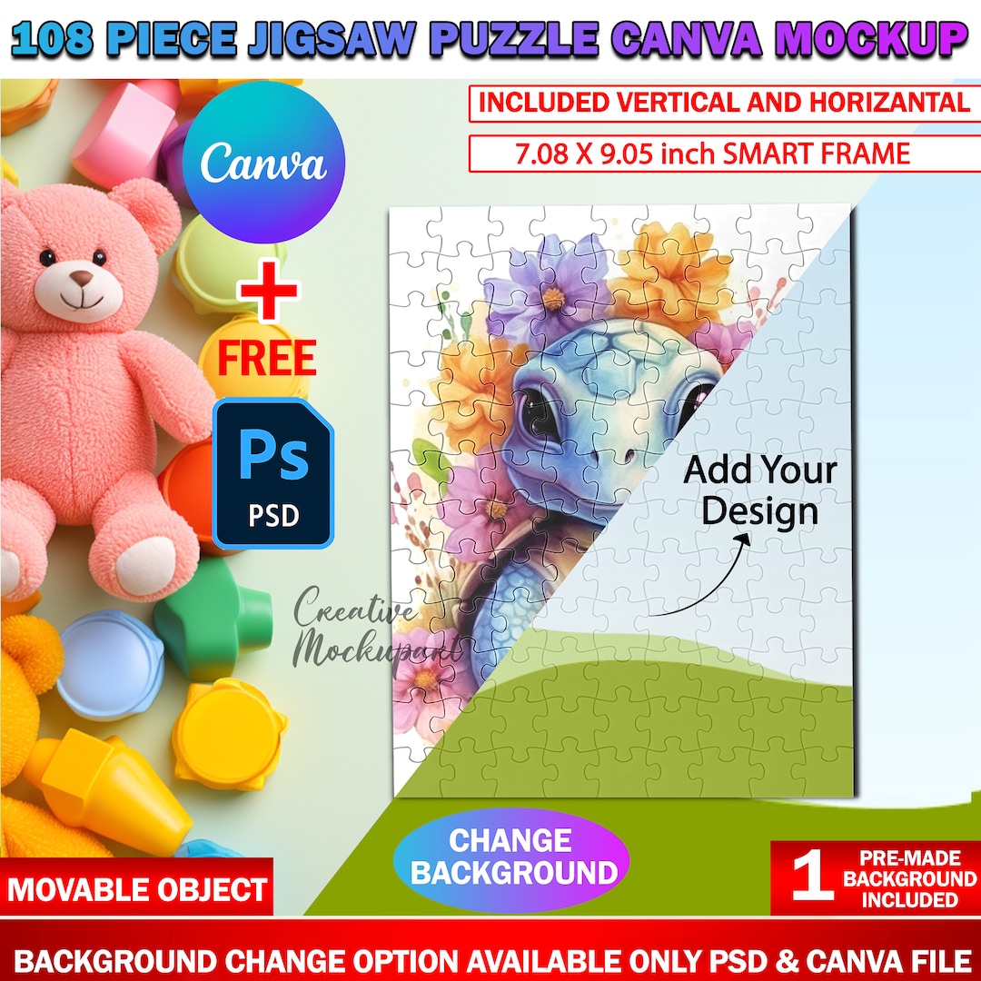 Canva 108 Piece Puzzle Mockup, Jigsaw Puzzle Template for Sublimation