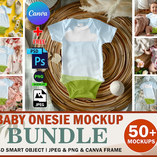 50x Canva Baby Bodysuit Mockup, Baby Onesie Mockup Bundle, Babyspielanzug Bella Canvas Mockup, Insert Design über Smart Canva Frame PSD JPG PNG