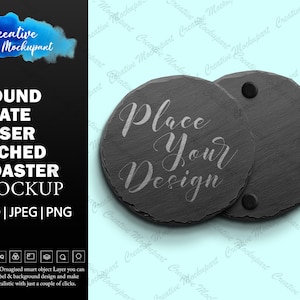 Round Slate Laser Etched Coaster Mockup | Add your own Design Image Via Photoshop PSD and Canva PNG, Change background