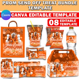 Emballage cadeau pour le bal de promo, Lot de modèles pour le bal de promo, Gâteries d'envoi pour le bal de promo orange pailleté, Lot fête sur toile, Étiquettes personnalisées pour l'eau, Sac à chips