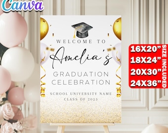 Graduation Party Welcome Sign Template, Editable Canva Grad Gold Decor Poster, Custom Printable Welcome Board Senior/Grad Welcome Sign