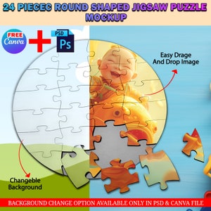 Canva 24 Piece Round Shape Puzzle Mockup, Jigsaw Puzzle Template For Sublimation, Insert Design & Background Via Smart Canva Frame And PSD