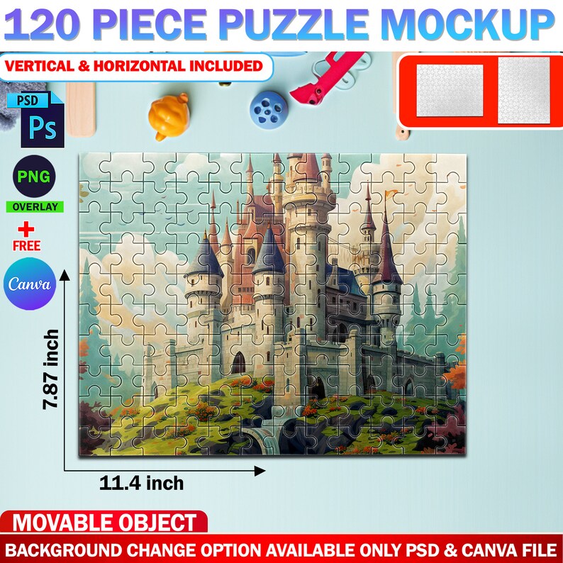 Canva 120 Piece Puzzle Mockup (11.4 X7.87 Inch), Insert Your Own Design & Background Via Smart Canva Frame And Photoshop PSD image 4