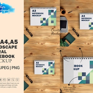 A3,A4,A5 Landscape Spiral Notebook Bundle Mockup | Top Wire Bound Book Mockup l Spiral Junk Journal Mockup l Photo Album Mockup In PSD, PNG