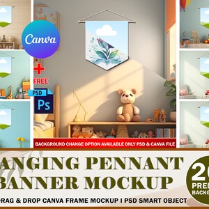 May include: A mockup of 20+ hanging pennant banners in various settings. The banners are blank and ready for customization. The text "HANGING PENNANT BANNER MOCKUP" is displayed at the bottom of the image. The text "EASY DRAG & DROP CANVA FRAME MOCKUP I PSD SMART OBJECT" is displayed below the main text. The text "20+ PREMADE BACKGROUND" is displayed in the bottom right corner of the image.