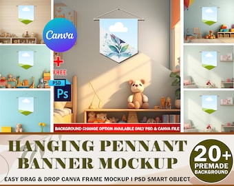 Canva Pennant Banner Mockup, Hanging Pennant Flag Mockup (20 Pre-Made Background Included), Insert Design Via Smart Canva Frame & PSD