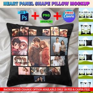 May include: A black heart-shaped pillow mockup with a collage of photos. The pillow has a black background and is surrounded by a white surface. The text "Creative Mockupart" is visible on the pillow. The text "PSD", "PNG", "FREE Canva", and "OVERLAY" are also visible in the image.