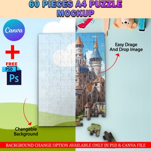 Canva 60 Piece Puzzle Mockup, Jigsaw Puzzle Template For Sublimation, Insert Your Own Design & Background Via Smart Canva Frame And PSD