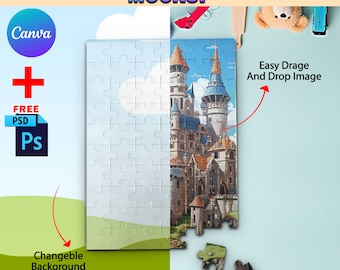 Maqueta de rompecabezas de 60 piezas de Canva, plantilla de rompecabezas para sublimación, inserte su propio diseño y fondo a través del marco inteligente de Canva y PSD