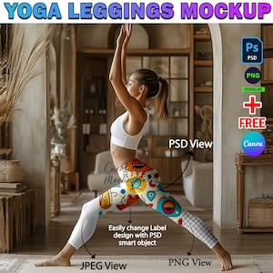 Może przedstawiać: Kobieta w białych legginsach do jogi z kolorowym abstrakcyjnym wzorem. Legginsy są przeznaczone do jogi i ćwiczeń fitness. Obrazek jest makietą do projektu legginsów do jogi.