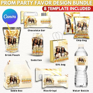 8X Grad/Senior Party Favor Template Bundle, Yellow Canva Editable Prom Party Treats Design, Custom Water Labels, Chip Bag Wrapper