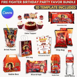 10x Fire Fighter Theme Birthday Party Favor Template Bundle, Canva Editable Birthday Party Treats Design, Water Labels, Chip Bag, Wrapper