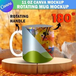 May include: A 11 ounce white ceramic mug with a green, blue, and orange design. The mug is sitting on a wooden platform. The text "180°" is visible in the image.