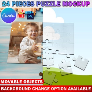 Canva 24 Piece Puzzle Mockup, Jigsaw Puzzle Template For Sublimation, Insert Your Own Design & Background Via Smart Canva Frame And PSD
