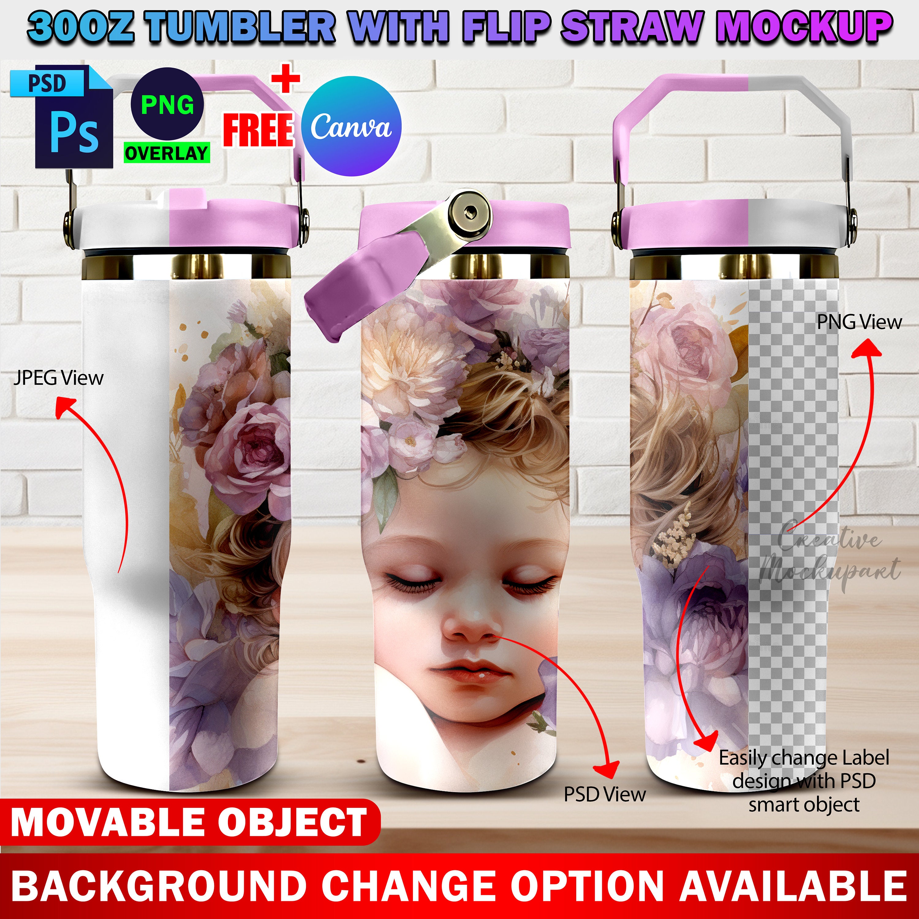 Dye Sublimation 30oz Tumbler With Flip Straw Mockup, 30oz Tumbler With Swing Handle Mockup, Insert Design & Background Via PSD, Canva Frame