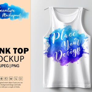 K&ouml;nnte beinhalten: Wei&szlig;es Tanktop-Mockup mit einem blauen und violetten Aquarell-Design, auf dem "Place Your Design" steht.