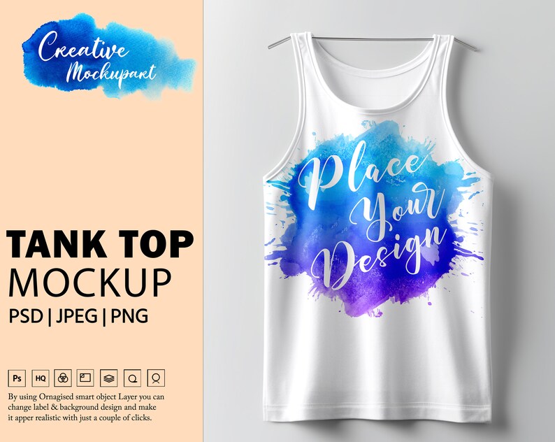K&ouml;nnte beinhalten: Wei&szlig;es Tanktop-Mockup mit einem blauen und violetten Aquarell-Design, auf dem "Place Your Design" steht.