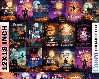 May include: Twenty editable Halloween flag designs featuring various spooky themes, including haunted houses, witches, pumpkins, and ghosts. The flags are 12x18 inches and are perfect for decorating your home for Halloween.