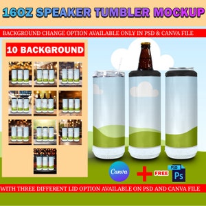 May include: Mockup of a 16-ounce speaker tumbler with three different lid options. The tumbler is shown in three different designs: a blue sky with white clouds, a green hill with a blue sky, and a solid green design. The image also shows 10 different background options for the tumbler.