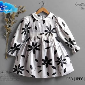 Long Sleeves Hand Smocked Baby Girl Dress Mockup | Kids Dress Mockup | Girl Dress Mockup | Insert Design Via Photoshop PSD, Canva PNG & JPG