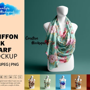 シフォン シルク スカーフ モックアップ | 背景を変更し、Photoshop スマート PSD オブジェクト、Canva PNG および JPG で独自のデザインを追加