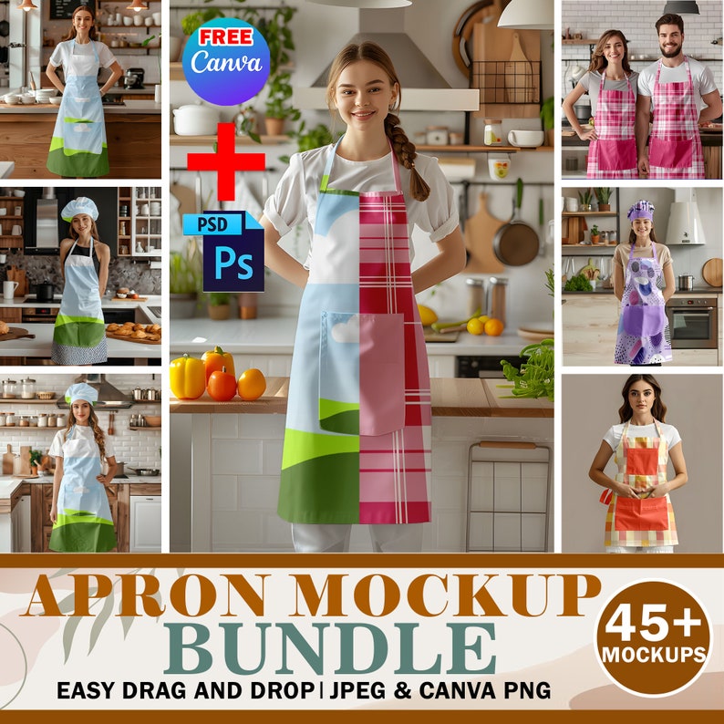 45X Apron Mockup Bundle, AOP & With Pocket Apron Canva Mockup, Kitchen ...