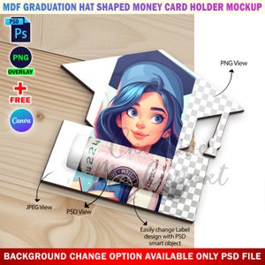 Makieta uchwytu na pieniądze z folii MDF Dye Sublimation Hat For Graduation, mockup uchwytu na pieniądze, projekt wkładki i tło za pośrednictwem ramki Canva i pliku PSD