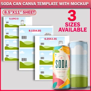 Peut inclure: Un modèle Canva pour canette de soda avec trois tailles d'étiquettes disponibles sur une feuille de 8,5 par 11 pouces. Les étiquettes présentent un ciel bleu et des collines vertes avec codes-barres et valeurs nutritionnelles.