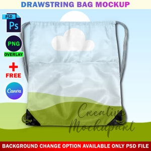 May include: A white drawstring bag mockup with a green and white landscape design. The bag has a white cloud on the top half and the text "Creative Mockupart" on the bottom half.