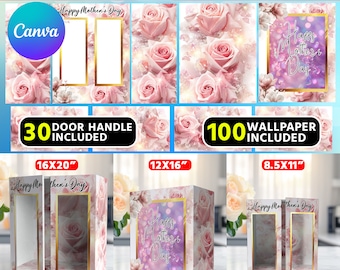 Canva French Door Gift Box Template, 8.5X10, 12x16 & 16x20, Editable Mother's Day Gift Box Blank Template, 30 Door Handle And Backgrounds