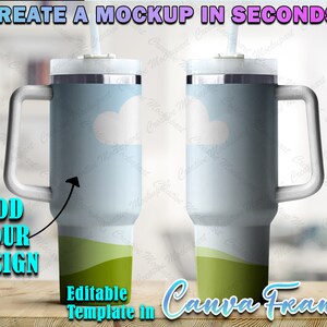 Canva Dye Sublimation 40oz Tumbler With Handle Mockup | Drag & Drop To Change Background, Insert Design | Blank 40oz Customizable Tumbler