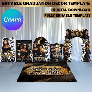 Plantillas de Canva para decoración de graduación personalizadas: recorte de nombre, arco de entrada negro, fondo de revista, arco de sombrero para pared y decoración para suelo.