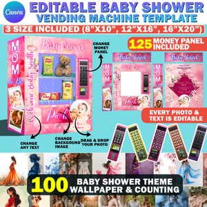 Cute Baby Shower Vending Machine Template, 8x10, 8.5x11, 16x20 DIY Editable Baby Shower Canva Template,  Free Money Panel PNG, Backgrounds