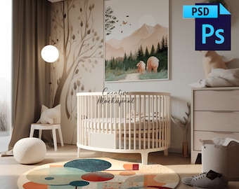 Nursery Room Rug Mockup | Boho Round Rug Mockup, Playroom Rug, Nursery Carpet Mockup | Kids Room Rug Mock Up | Insert Design Via PSD, PNG