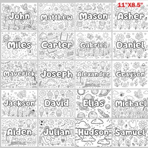 May include: A grid of twenty personalized coloring pages, each featuring a unique name and themed black and white line art illustrations. The pages measure 11 inches by 8.5 inches and include designs like flowers, space, animals, and toys.