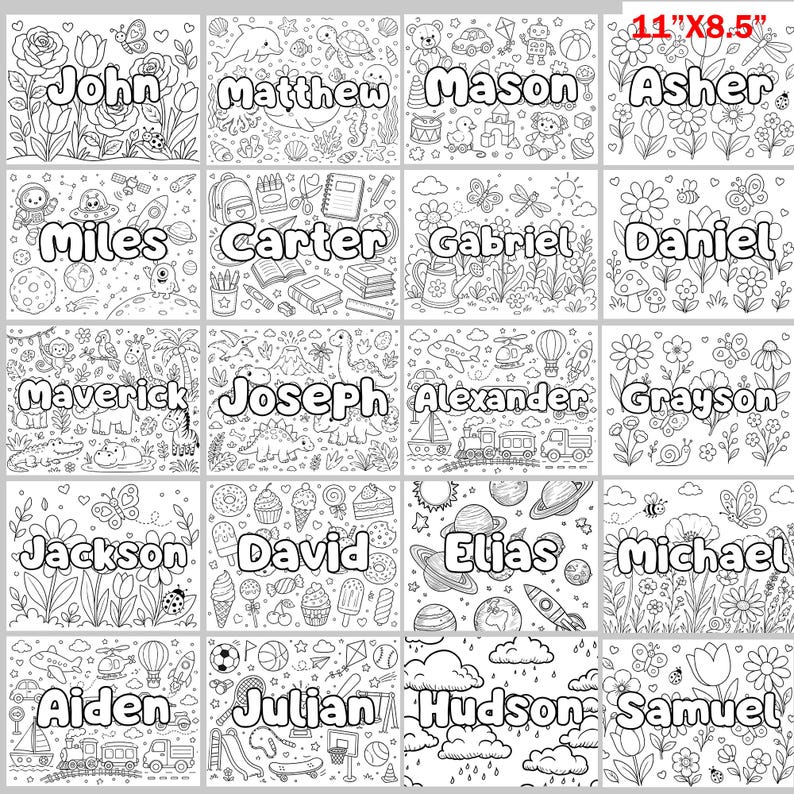 May include: A grid of twenty personalized coloring pages, each featuring a unique name and themed black and white line art illustrations. The pages measure 11 inches by 8.5 inches and include designs like flowers, space, animals, and toys.