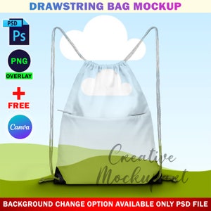 May include: A light blue drawstring bag mockup with a white cloud design. The bag is sitting on a green grassy surface with a blue sky in the background. The text "Creative Mockup" is visible on the bag.