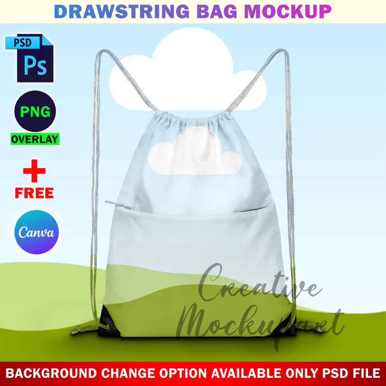 May include: A light blue drawstring bag mockup with a white cloud design. The bag is sitting on a green grassy surface with a blue sky in the background. The text "Creative Mockup" is visible on the bag.