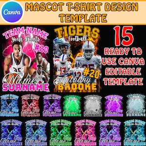 May include: A customizable t-shirt design template featuring a mascot with lightning bolts and the text "Team Name Your Sports #20 Name Surname". The template is ready to use in Canva and is editable.
