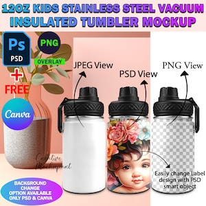 Dye Sublimation 12oz Kids Stainless Steel Tumbler With Flip Top Lid Mockup, 12oz Screw Top Tumbler Mockup, Insert Design & Background