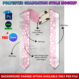 May include: Mockup of a pink polyester graduation stole with a white polka dot pattern. The stole is folded in an 'M' shape and has a transparent overlay for customisation. The text 'Change Color/Pattern Here' is visible on the image.