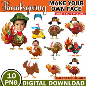 Puede incluir: Descarga digital con temática de Acción de Gracias con dibujos animados de pavos, sombreros y la cara de un niño. Incluye un pavo en un scooter, tocando la guitarra y sosteniendo una calabaza. El texto dice "Make Your Own Face" y "Girls & Boys Included."