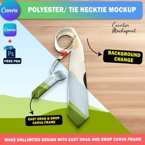 May include: A polyester tie mockup with a colorful design, featuring a white background with abstract shapes and green accents. The image includes text that says "POLYESTER/ TIE NECKTIE MOCKUP" and "EASY DRAG & DROP CANVA FRAME".