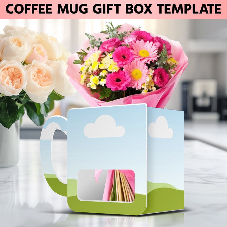 Puede incluir: Una plantilla de caja de regalo de taza de caf&eacute; azul y verde con una ventana recortada para mostrar un ramo de flores rosas y blancas. La caja tiene un dise&ntilde;o de nube y el texto "COFFEE MUG GIFT BOX TEMPLATE" en la parte superior.