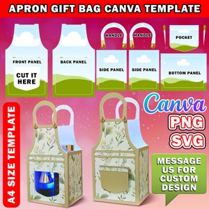 May include: A printable template for a gift bag shaped like an apron. The template includes instructions to cut out the different pieces and assemble the bag. The bag has a pocket, handles, and a front panel that says "Cut it here".