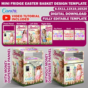 May include: Printable Easter mini fridge design template with a bunny, eggs, and flowers. The template includes a front panel, back panel, left side, right side, top panel, shelf, and bottom panel. The template is fully editable and includes a video tutorial.