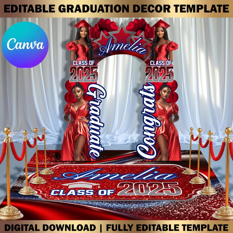 Graduation Base Design Custom Graduation Decor Canva Template Bundle, Name Cutout, Red & Blue ...