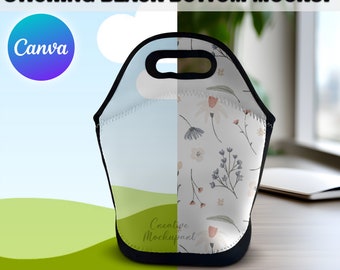 Canva lunchväska med vita sömmar och svart bottenmodell, neopren lunchväskamodell, infoga bakgrund, design via Canva Smart Frame